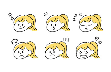 Girl's Facial Expression Set – Simple Line Art with Ponytail