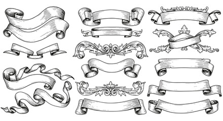 Ornate decorative banners: vintage scrolls and ribbons in hand-drawn style
