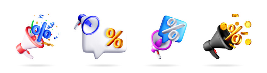 Megaphone set with percentage symbols, coins and confetti. 3d vector element for promotion, discount, sale marketing, and advertising.