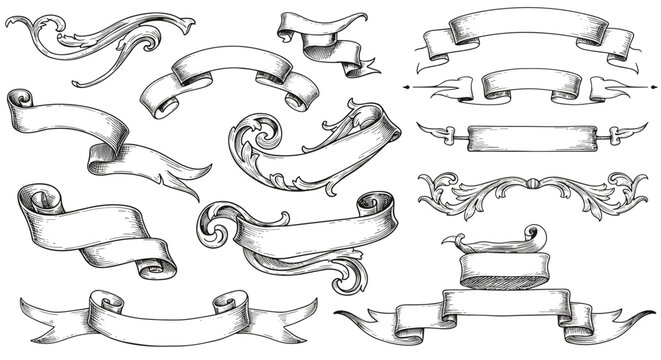 Vintage scroll banners collection in ornate linear style for elegant designs