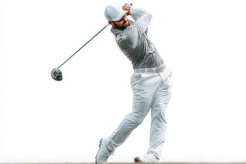 Man in all white attire completes golf swing with driver on isolated white background for sporty outdoor lifestyle concept