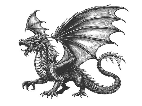 Dragon sketch engraving generative ai fictional character vector illustration. Scratch board imitation. Black and white image.