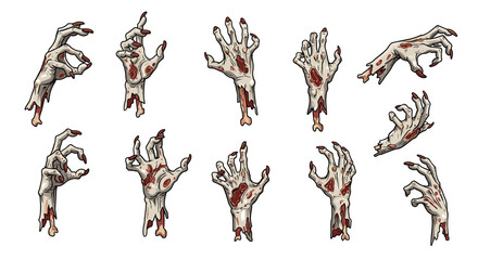 Creepy zombie hands with bloody details in cartoon style