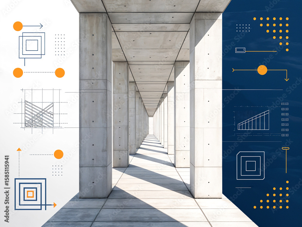 Poster architectural construction abstract background with concrete columns lines and callouts . generative
