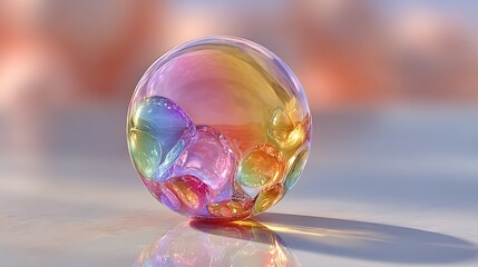 Irregular transparent orb with pastel rainbow shine and glistening eyes floating in soft gradient room