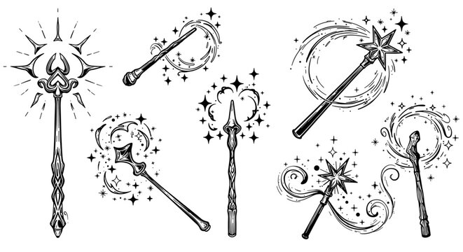 Enchanted magic wands with sparkling stars and swirls in vintage black and white design