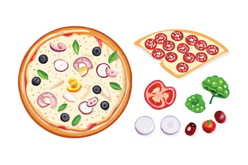 Photorealistic Pizza Toppings Vector Set. Realistic Pepperoni, Mushroom, and Olives with Gradient Mesh Shading