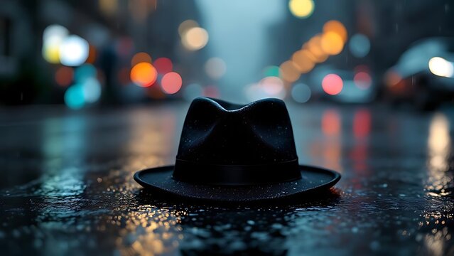 A lone black fedora rests on rain-slick asphalt, shimmering under city lights. Perfect for noir drama, crime mystery, fashion moodboards, or cinematic storytelling - Powered by Adobe