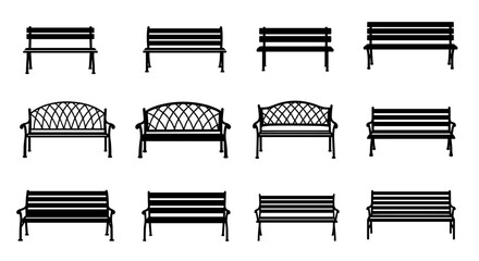 Collection of twelve black bench silhouettes: simple and decorative designs