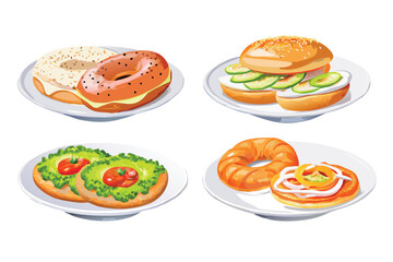 Photorealistic Bagels & Spreads Vector Icon Set. Realistic Breakfast Food with Gradient Mesh Shading