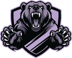 A ferocious grizzly bear roars, its claws gripping a purple shield emblem.
