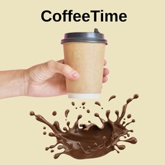 Coffee Time with Female Hand Holding Coffee Cup and Splash of Coffee on Cream Background. Coffee...
