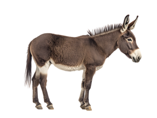 Rural brown donkey with furry coat and upright ears standing calmly side view isolated on transparent background