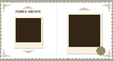 Vintage family album page with ornate borders and polaroid frames
