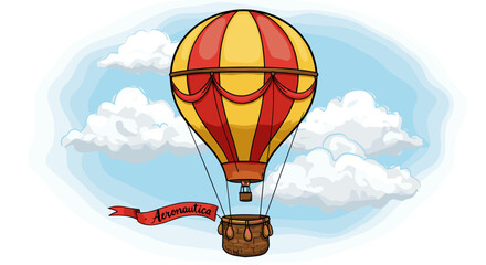 Fototapeta premium Colorful hot air balloon in the sky with clouds and banner