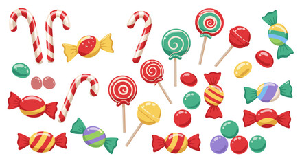 Colorful candy collection: assorted sweets and lollipops on white background