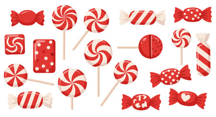 Red and white candy collection on white background