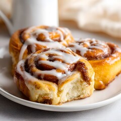 Golden Cinnamon Rolls with Sweet Icing on White Plate – Cozy Homemade Baked Treats for Breakfast, Brunch or Dessert in Soft Neutral Setting