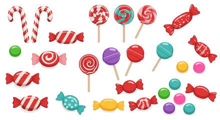 Colorful assorted candy collection on white background