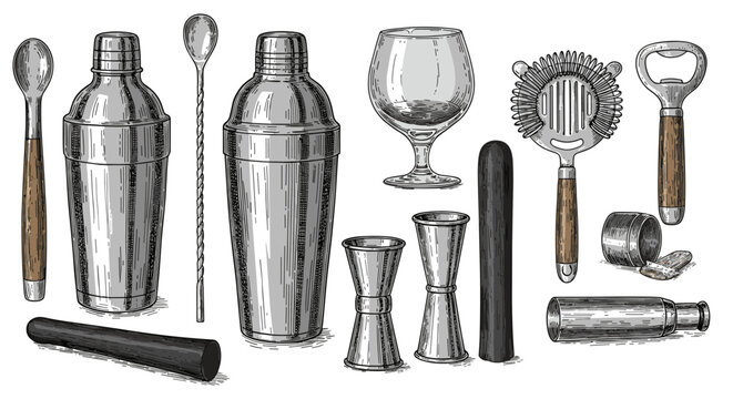 Vintage bar tools collection: hand drawn cocktail shakers and accessories