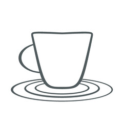 A simple line drawing of a cup and saucer is set against a transparent background. The minimalist design emphasizes the shapes and contours of the objects, giving it a clean and modern look.