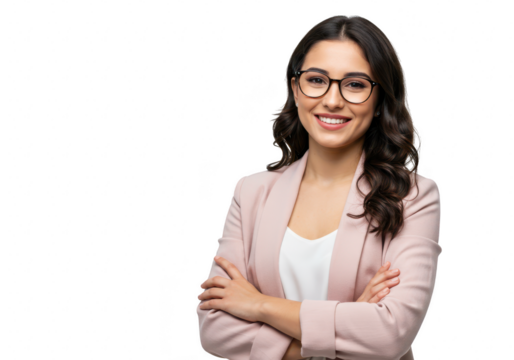 A young indian woman with glasses and a pink blazer smiles confidently with her arms crossed isolated on transparent background