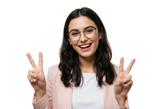 A young indian woman in a pink blazer and glasses smiles brightly, holding up two fingers in a victory or peace sign isolated on transparent background