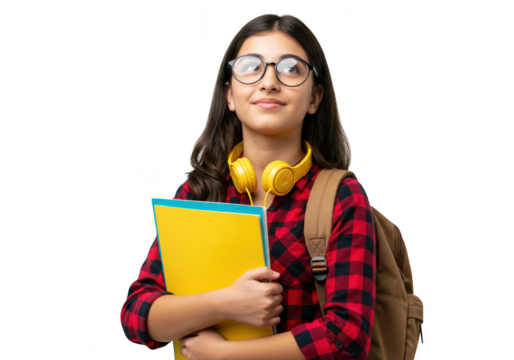 A young student girl with headphones and books, looking up thoughtfully, isolated on transparent background