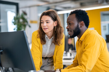 Two people looking at a computer screen in an office with yellow accents and modern decor elements .