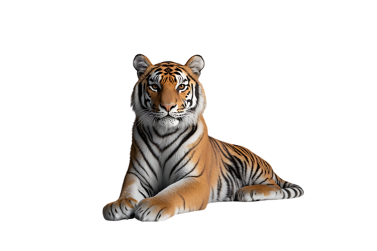Sitting tiger in relaxed front view with powerful eyes and striped coat in dominant position isolated on transparent background