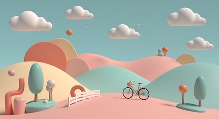 nature landscape illustration: mountains, trees, and clouds under a vibrant sky with sun, perfect for summer or autumn travel designs