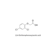 (2,4-Dichlorophenoxy)acetic acid skeletal structure. herbicide compound schematic illustration. Simple diagram, chemical formula.