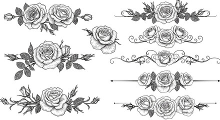 Elegant rose border set with vintage floral elements and filigree ornaments