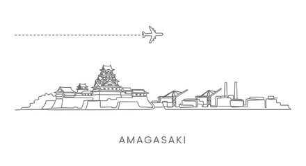 Fototapeta premium Amagasaki Line Art Castle with Plane, and Cityscape.