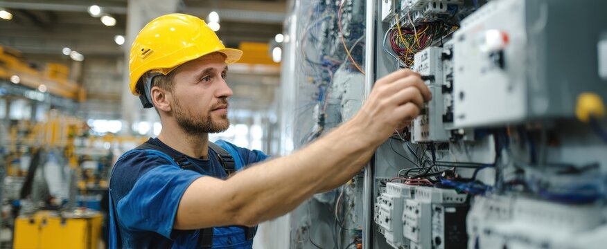 The electrician working diligently on electrical control panels in a factory setting.