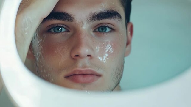 Man cares for his skin, washing it with a moisturizing face mask.