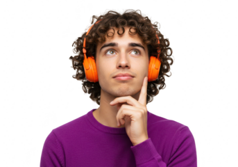 A young man with curly hair listens to music with orange headphones, thinking with his finger on his chin, isolated isolated on transparent background