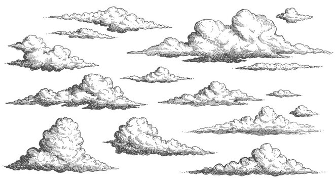 Hand drawn vintage cloud collection in intricate sketch style for design projects