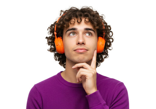 A young man with curly hair listens to music with orange headphones, thinking with his finger on his chin, isolated isolated on transparent background - Powered by Adobe