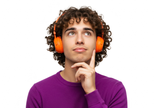 A young man with curly hair listens to music with orange headphones, thinking with his finger on his chin, isolated isolated on transparent background
