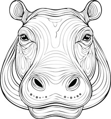 Hippo Head Line Art – Detailed Black and White Vector Illustration of Hippopotamus