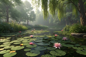 Serene pond with pink water lilies and weeping willow trees pink flowers green lily pads