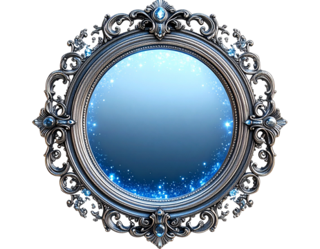 Ancient magic mirror with glowing surface and arcane frame, isolated on a transparent background