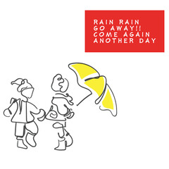 hand drawn line art vector of kids palying in rain with umbrellas. Monsoon season. Rainy weather poster