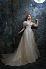 Young pretty blonde with exquisite makeup and hairstyle in a beautiful wedding dress posing against...