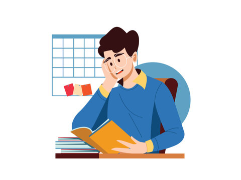 Man Wearing a Glasses Reading a Book. Young man Studying and Focus