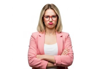 A young businesswoman with blonde hair and glasses pouts with frustration, arms crossed, isolated on a transparent background