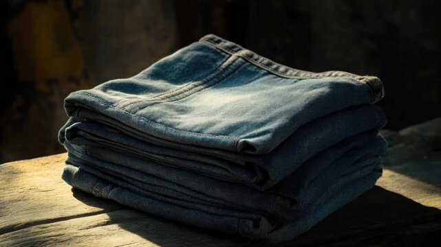 A stack of blue jeans resting on a wooden table