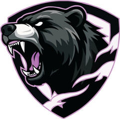 A fierce black bear's head roars within a stylized purple and black shield emblem.