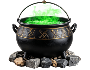 Enchanted cauldron with bubbling potion and glowing steam, isolated on a transparent background